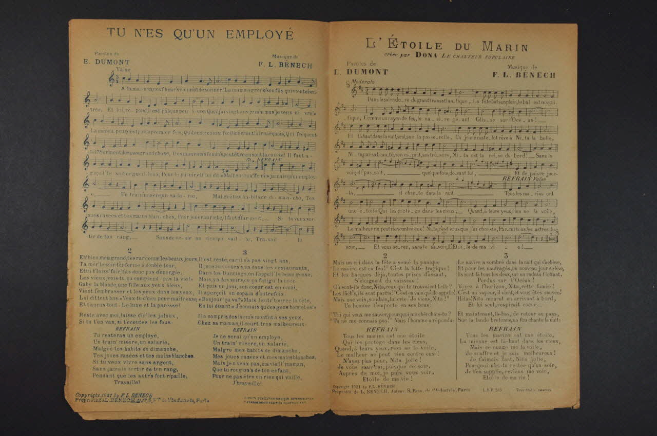 Ferdinand Louis Bénech ; Ernest Dumont chanson petit format Île-de-France, France 1919 1966.201.8 Photo Mucem