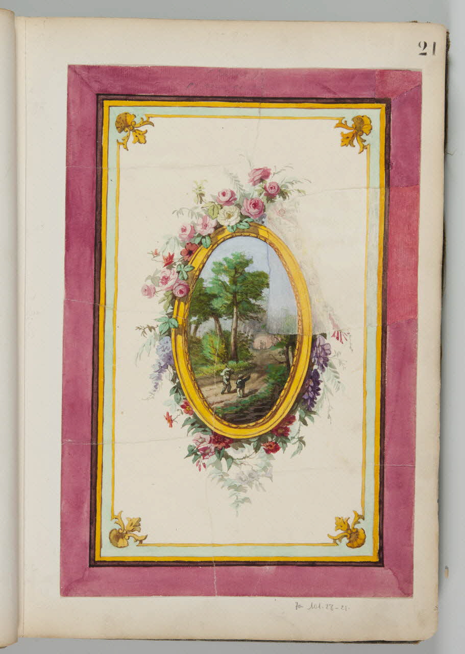 Louis Thivet album Projet de store de boutique : scène dans un médaillon encadré de fleurs 1886-1914 1970.101.28.21 Photo