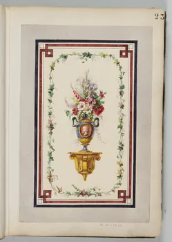 Louis Thivet album Projet de store de boutique : vase décoratif avec bouquet de fleurs sur une console et guirlande de lierre 1886-1914 1970.101.28.23 Photo