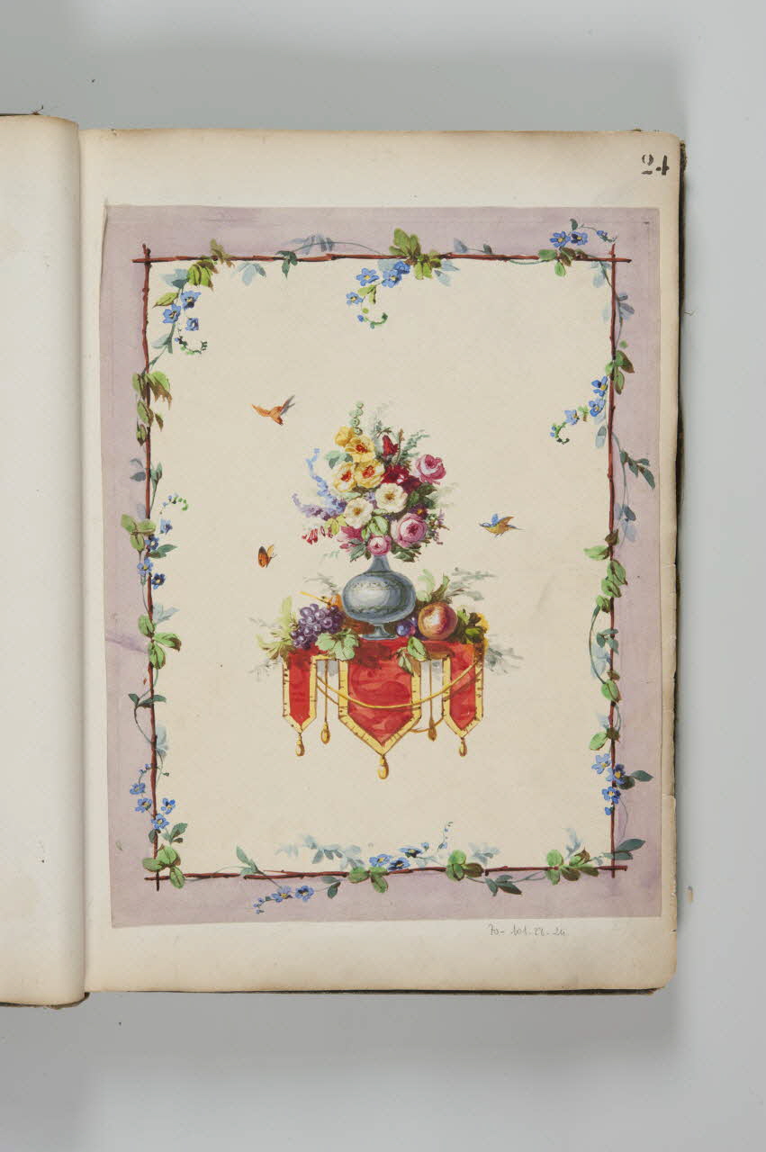 Louis Thivet album Projet de store de boutique : vase de fleurs et fruits sur une console et guirlande de myosotis 1886-1914 1970.101.28.24 Photo