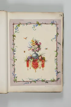 Louis Thivet album Projet de store de boutique : vase de fleurs et fruits sur une console et guirlande de myosotis 1886-1914 1970.101.28.24  Photo