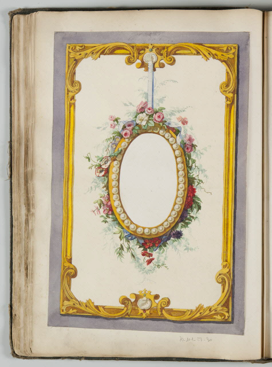 Louis Thivet album Projet de store de boutique : cadre perle avec guirlande de fleurs suspendu par un ruban 1886-1914 1970.101.28.30 Photo