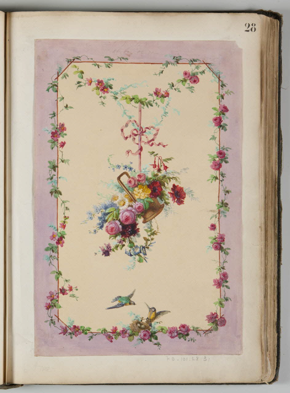 Louis Thivet album Projet de store de boutique : panier de fleurs suspendu par un ruban à une guirlande de roses et de clématites 1886-1914 1970.101.28.31 Photo