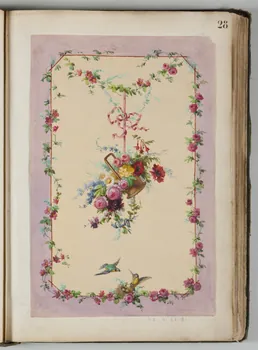 Louis Thivet album Projet de store de boutique : panier de fleurs suspendu par un ruban à une guirlande de roses et de clématites 1886-1914 1970.101.28.31 Photo