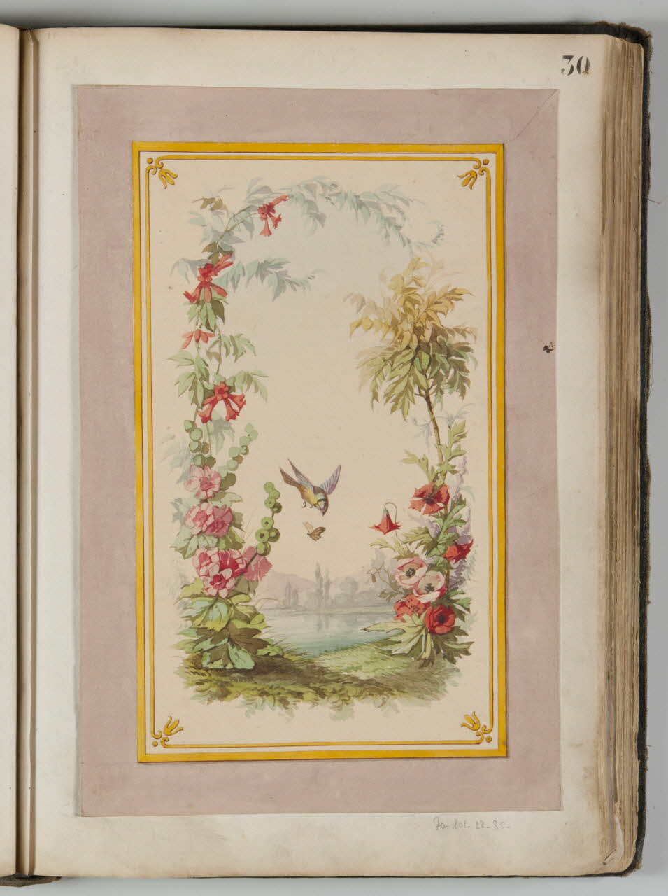 Louis Thivet album Projet de store de charcuterie : paysage dans une guirlande de fleurs, mésange et papillon 1886-1914 1970.101.28.35 Photo