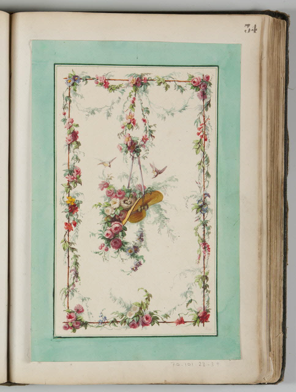 Louis Thivet album Projet de store de boutique : bouquet de fleurs et nid d'oiseaux dans un chapeau de paille suspendu par un ruban à une guirlande de fleurs 1886-1914 1970.101.28.39 Photo