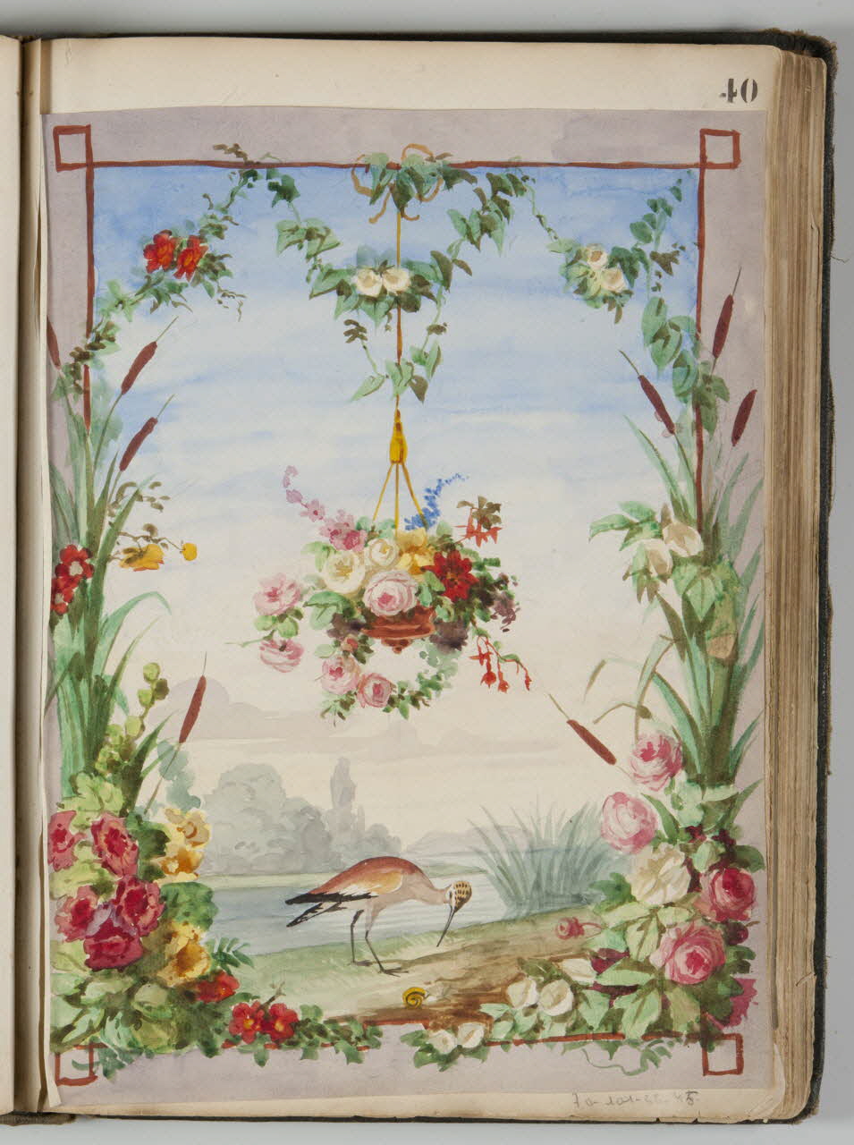 Louis Thivet album Esquisse d'un projet de store de boutique : fleurs et échassier 1886-1914 1970.101.28.45 Photo