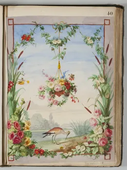 Louis Thivet album Esquisse d'un projet de store de boutique : fleurs et échassier 1886-1914 1970.101.28.45  Photo