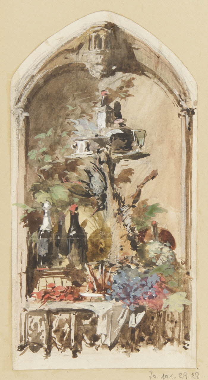 Louis Thivet album Projet de panneau décoratif : fruits, gibier, crustacés, bouteilles de vin et de champagne 1886-1914 1970.101.29.28 Photo