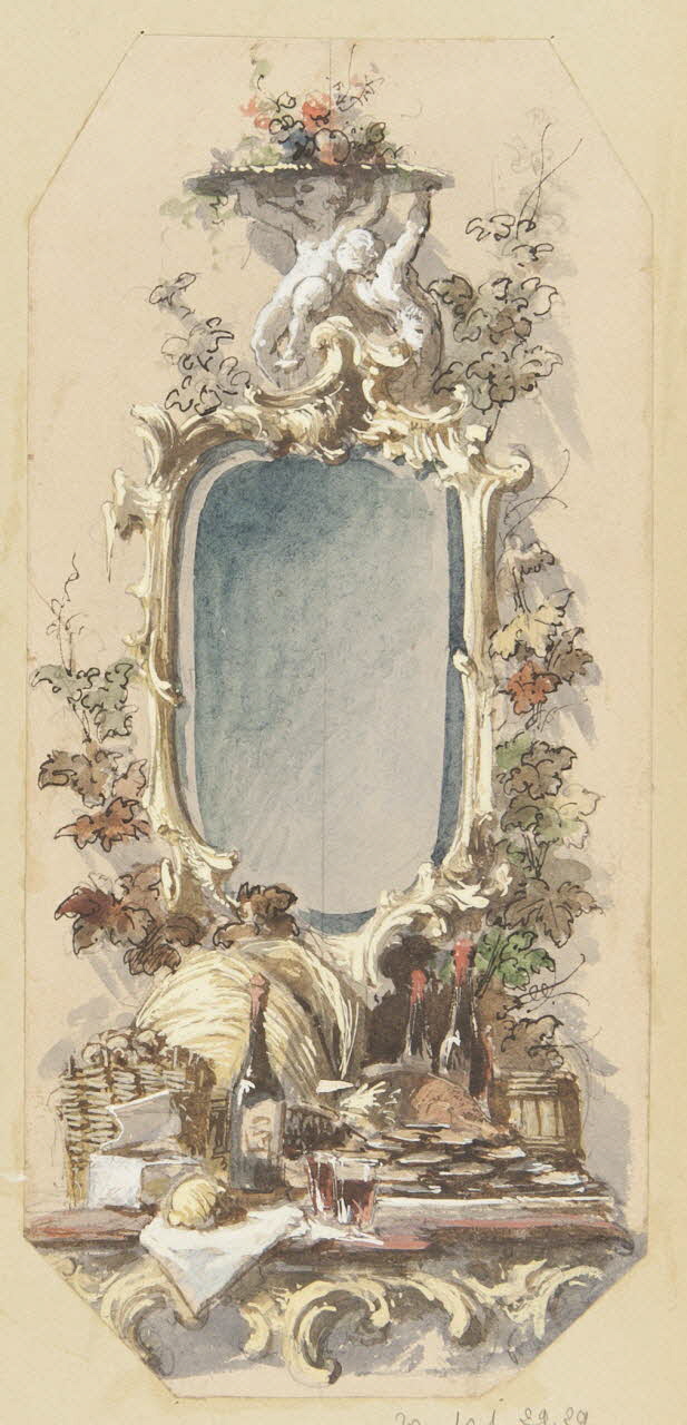 Louis Thivet album Projet de panneau décoratif pour un restaurant : miroir, huitres, fruits et bouteilles de vin sur une console 1886-1914 1970.101.29.29 Photo