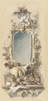 Louis Thivet album Projet de panneau décoratif pour un restaurant : miroir, huitres, fruits et bouteilles de vin sur une console 1886-1914 1970.101.29.29  Photo