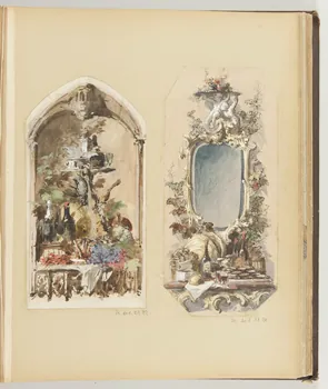 Louis Thivet album Projet de panneau décoratif pour un restaurant : miroir, huitres, fruits et bouteilles de vin sur une console 1886-1914 1970.101.29.29 Photo