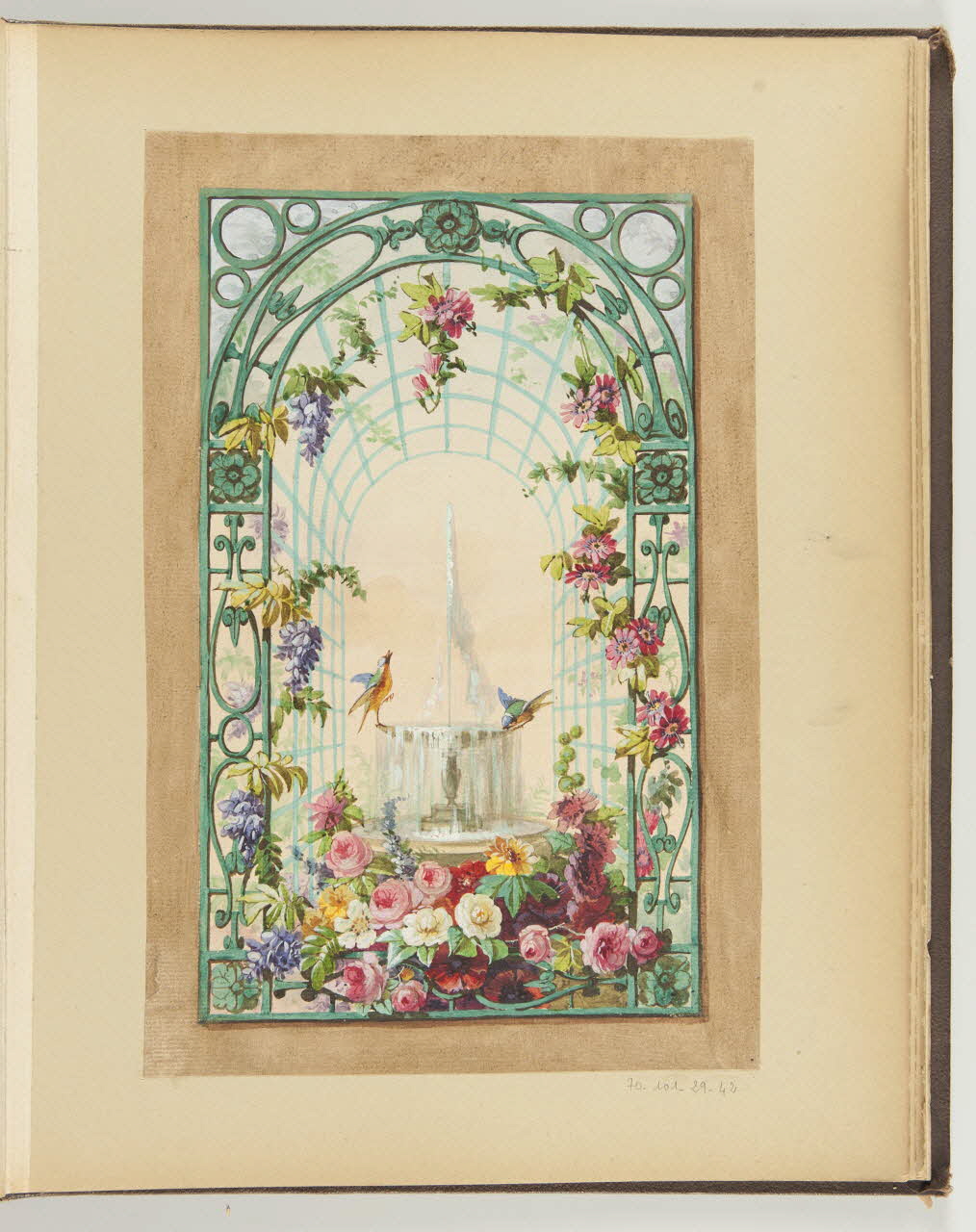 Louis Thivet album Projet de décor : tonnelle, fleurs, fontaine et oiseaux 1886-1914 1970.101.29.42 Photo