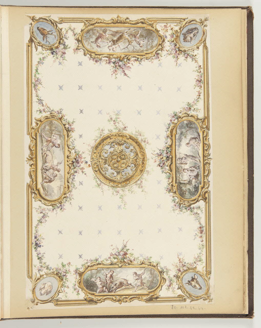 Louis Thivet album Projet de décor de plafond : cartouches avec des putti chassant le sanglier, le cerf et le lièvre et abattant un porc et trophées de chasse 1886-1914 1970.101.29.44 Photo