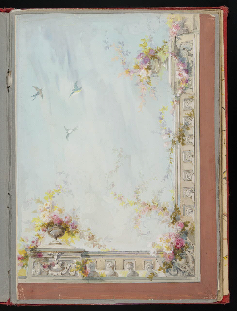 album Projet d'un décor de plafond : balustrade, vases, fleurs et hirondelles 1970.101.30.1 Photo