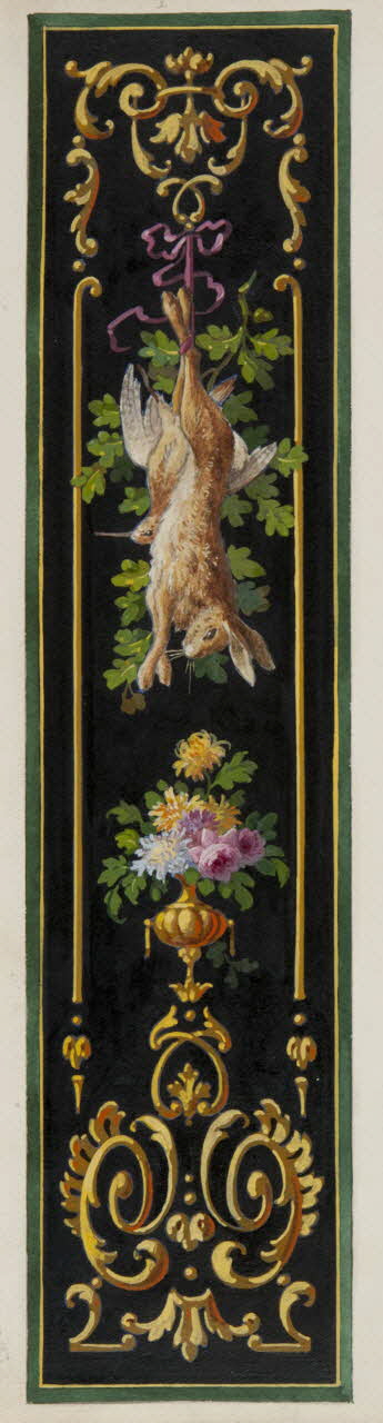 album Projets de deux panneaux de charcuterie et de boulangerie : vase de fleurs avec trophée de gibiers et paysage avec moulin à vent 1970.101.30.18.1/2 Photo