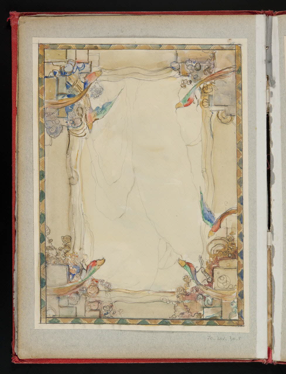 F. Tarrisse album Projet d'un décor de plafond : ciel avec encadrement de fleurs et faisans dorés 1925-1935 1970.101.30.5 Photo