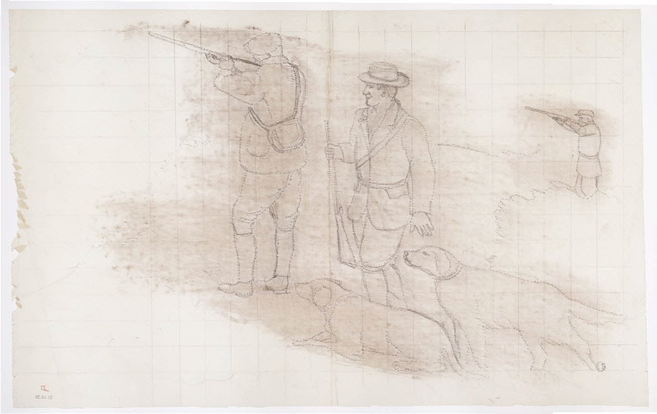 dessin Poncif représentant des chasseurs et leurs chiens 1970.112.35 Photo