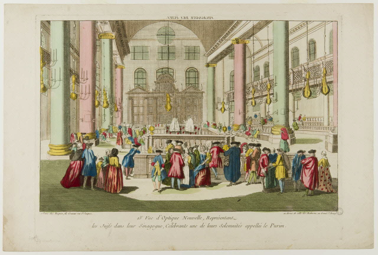 Huquier Jacques-Gabriel imagerie ancienne SINAGOGUE DES JUIFS. (titre inscrit, en caractères inversés)  15e Vue d'Optique Nouvelle, Représentant  les Juifs dans leur Sinagogue, Célébrants une de leurs Solemnités appellée le Purim. France 1758-1761 1970.24.20 Photo
