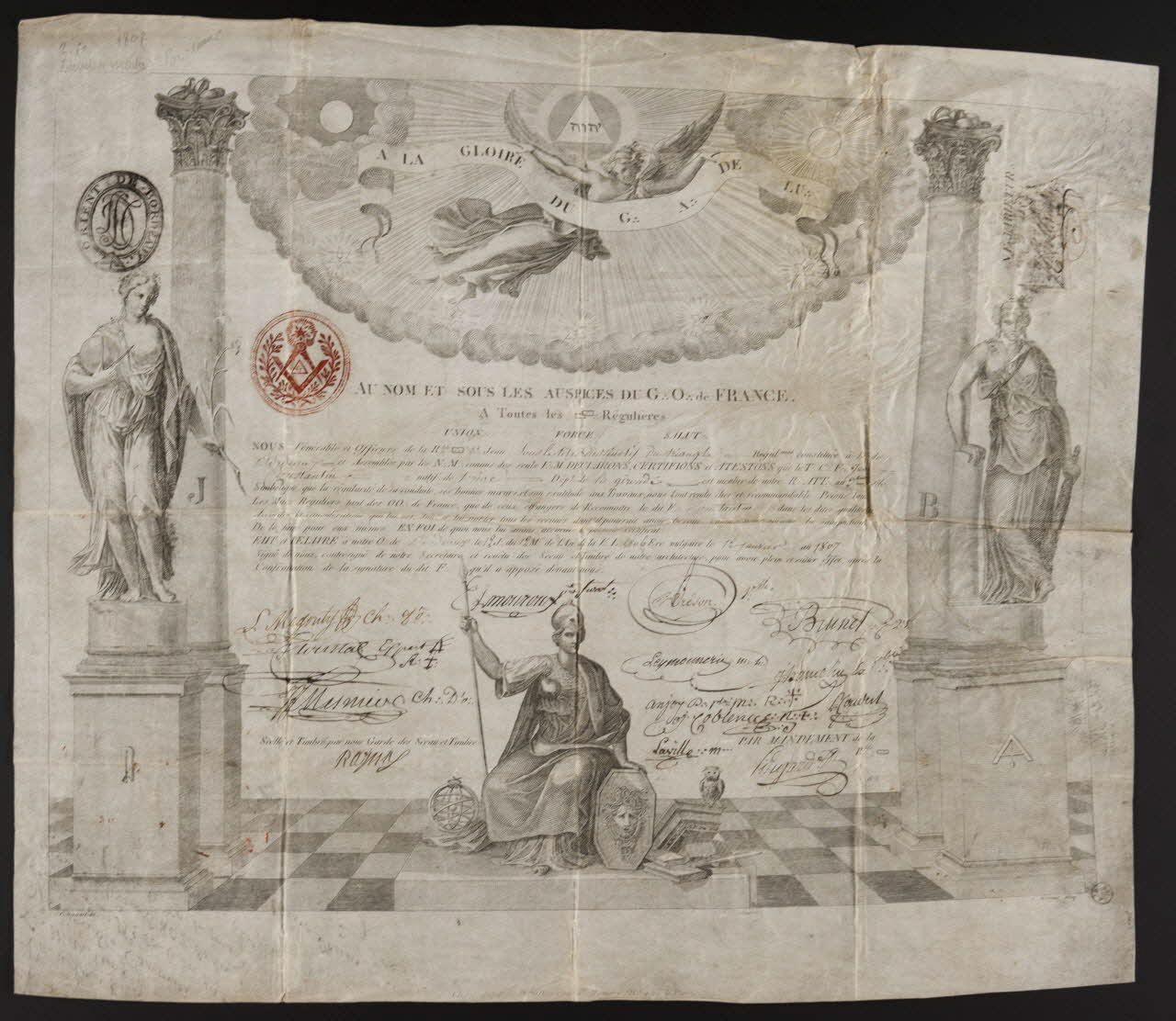 Massard, A. estampe AU NOM ET SOUS LES AUSPICES DU G. O. DE FRANCE 1807 1970.24.32 Photo