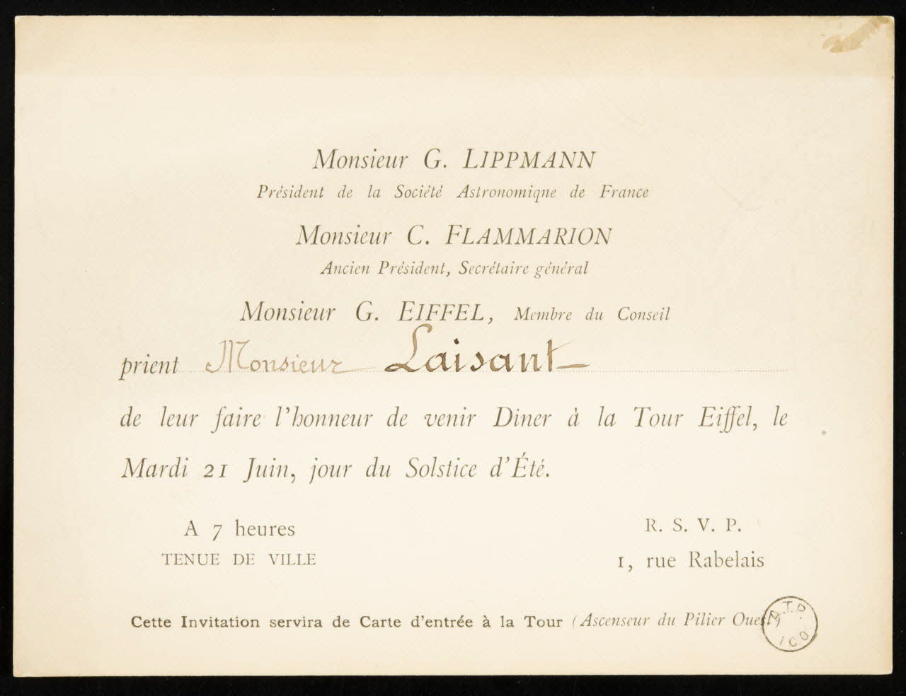 estampe Invitation pour un diner à la tour Eiffel 1970.34.1.2 Photo