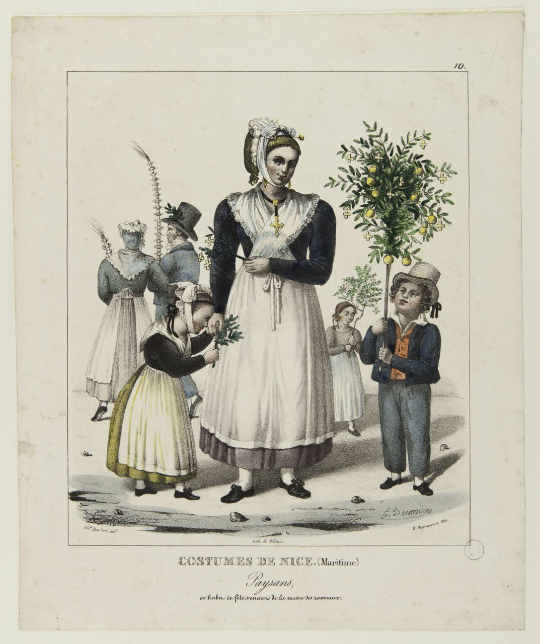 estampe COSTUMES DE NICE. (Maritime)  Paysans,  en habit de fête, venant de la messe des rameaux. 1970.46.2 Photo