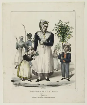 estampe COSTUMES DE NICE. (Maritime)  Paysans,  en habit de fête, venant de la messe des rameaux. 1970.46.2  Photo