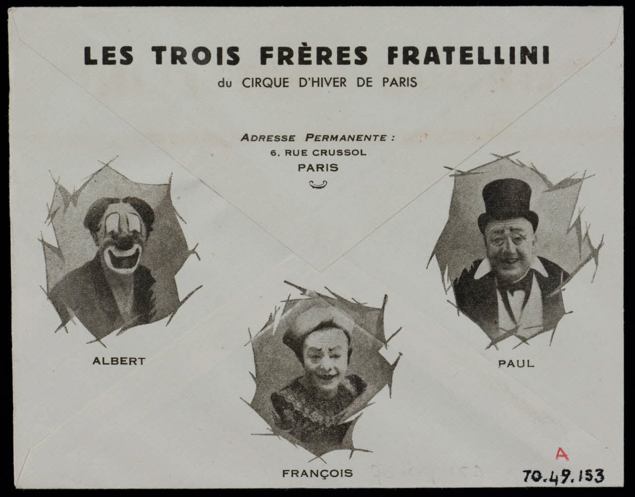 estampe La Direction du CIRQUE D'HIVER DE PARIS présente le  "CIRQUE FRATELLINI"  et les Célèbres Clowns : PAUL, FRANCOIS et ALBERT FRATELLINI 1970.49.153 Photo