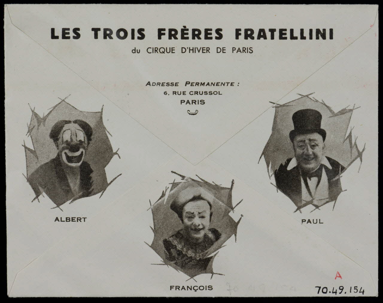 estampe La Direction du CIRQUE D'HIVER DE PARIS présente le  "CIRQUE FRATELLINI"  et les Célèbres Clowns : PAUL - FRANCOIS et ALBERT FRATELLINI 1970.49.154 Photo