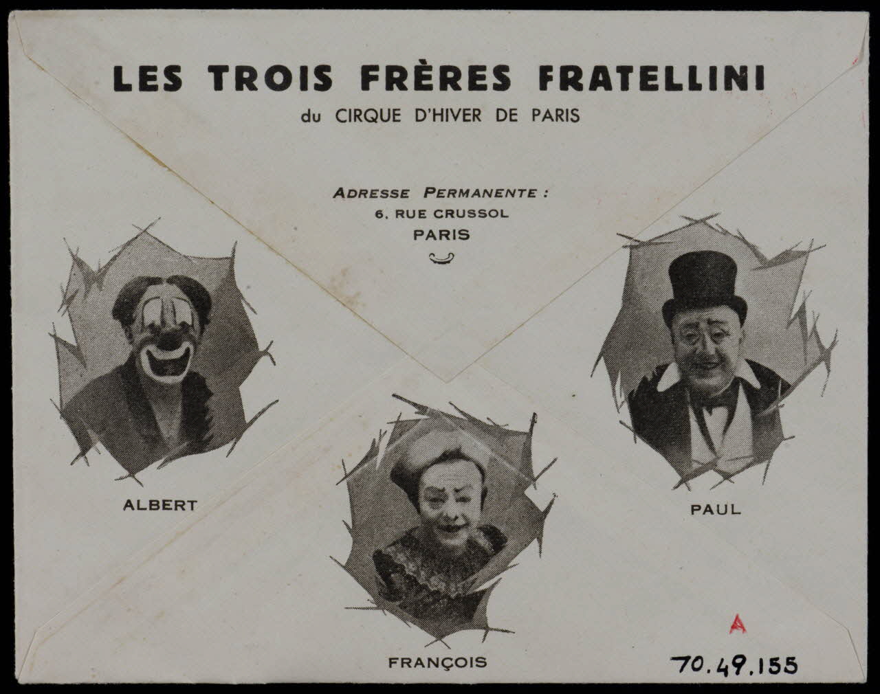 estampe La Direction du CIRQUE D'HIVER DE PARIS présente le  "CIRQUE FRATELLINI"  et les Célèbres Clowns : PAUL - FRANCOIS et ALBERT FRATELLINI 1970.49.155 Photo