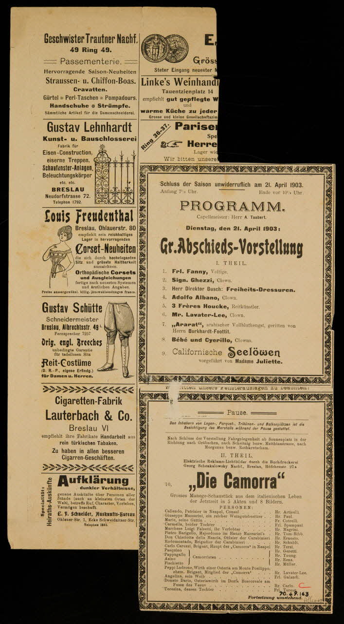estampe BRESLAU.  CIRCUS BUSCH  PROGRAMM Breslau(Allemagne) 1903 1970.49.163  Photo