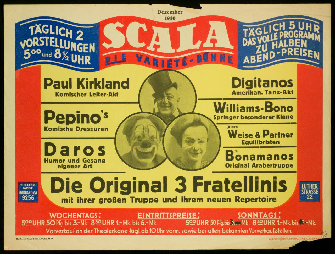 Holzhauser-Druck affiche SCALA  DIE VARIETE - BÜHNE  Die Original 3 Fratellinis Allemagne 1930 1970.49.34 Photo