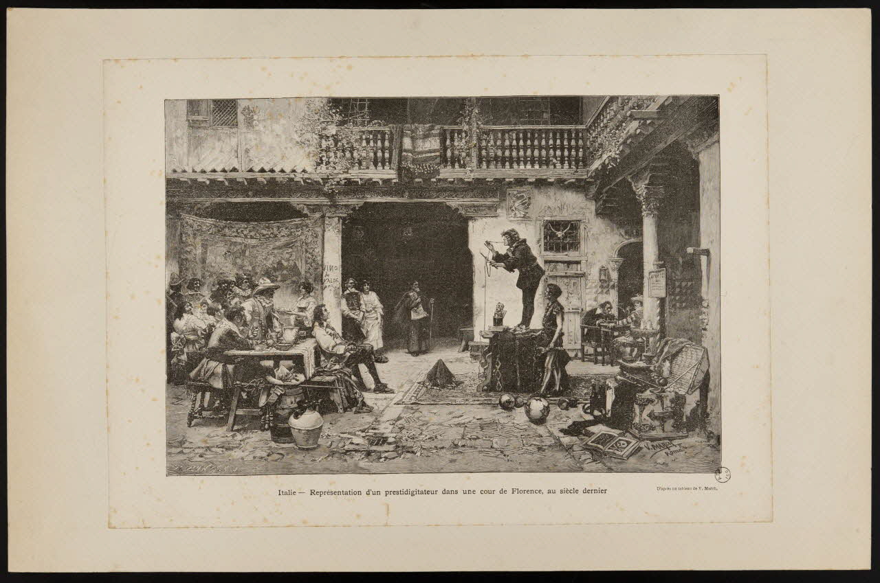 estampe Italie - Représentation d'un prestidigitateur dans une cour de Florence, au siècle dernier 1970.49.66 Photo