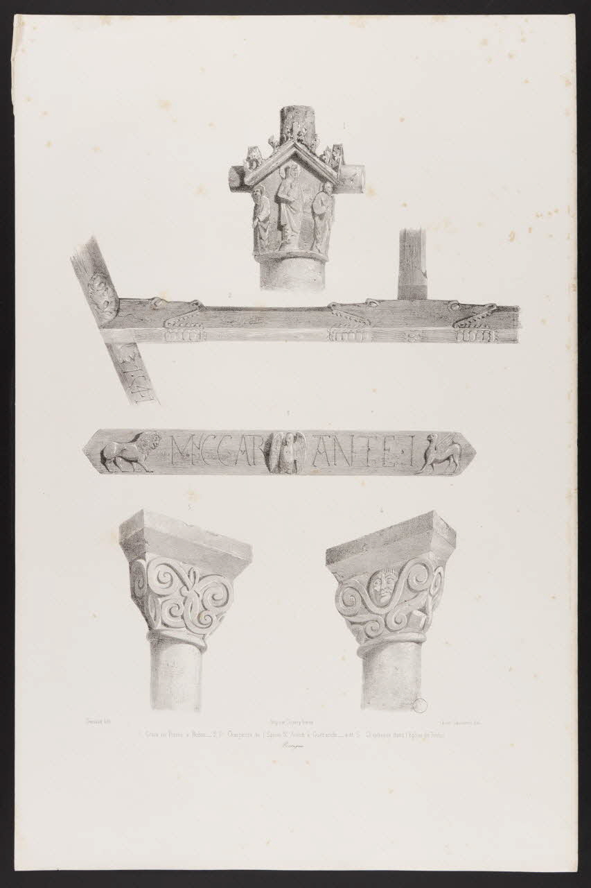 estampe 1. Croix en Pierre à Redon -2, 3 Charpente de l'Eglise St. Aubin à Guérande -4 et 5. Chapiteaux dans l'Eglise de Redon 1970.57.5 Photo