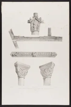 estampe 1. Croix en Pierre à Redon -2, 3 Charpente de l'Eglise St. Aubin à Guérande -4 et 5. Chapiteaux dans l'Eglise de Redon 1970.57.5 Photo
