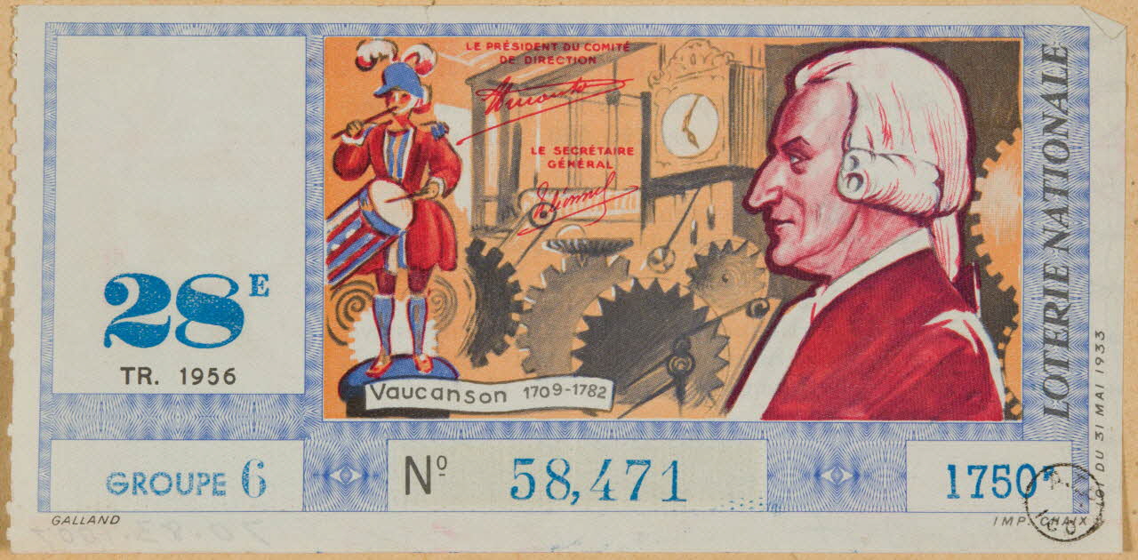 estampe LOTERIE NATIONALE  Vaucanson 1709-1782 1970.83.1007 Photo