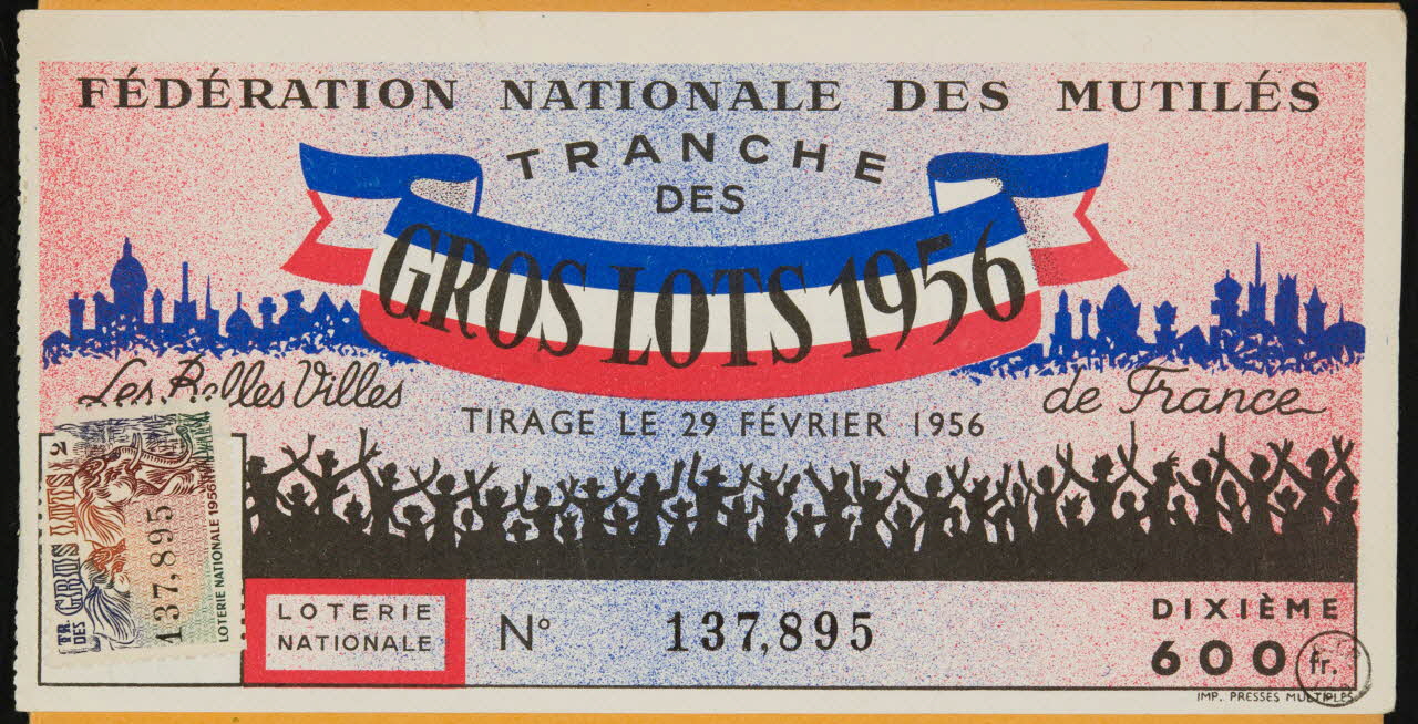 estampe FEDERATION NATIONALE DES MUTILES  TRANCHE  DES  GROS LOTS 1956  Les Belles Villes de France 1970.83.1031 Photo