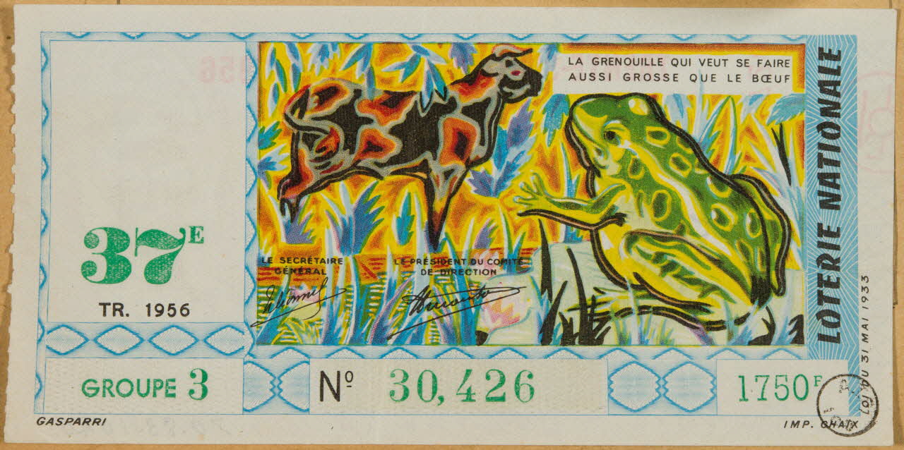 estampe LOTERIE NATIONALE  LA GRENOUILLE QUI VEUT SE FAIRE  AUSSI GROSSE QUE LE BOEUF 1970.83.1040 Photo