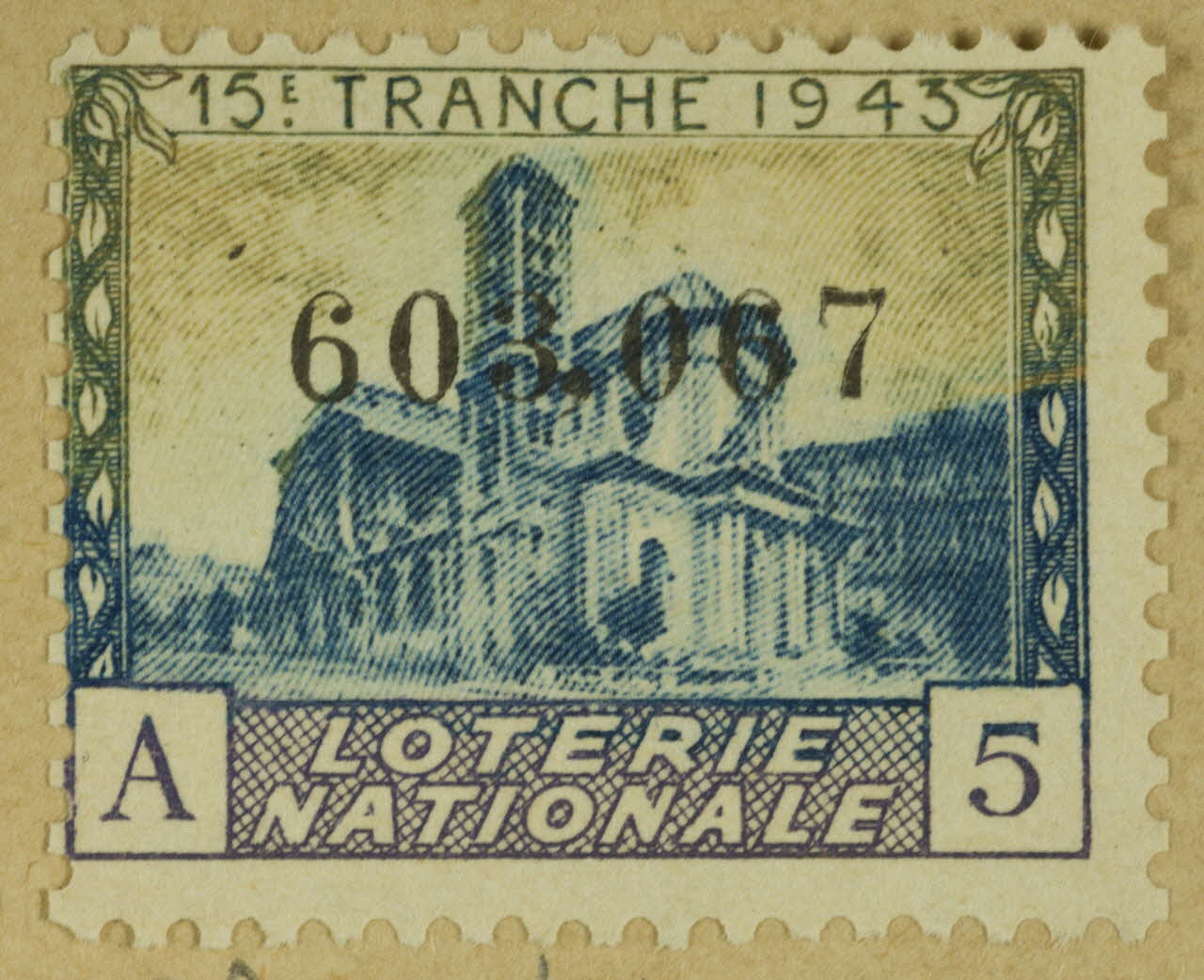 estampe 15E. TRANCHE 1943  LOTERIE  NATIONALE 1970.83.1131 Photo