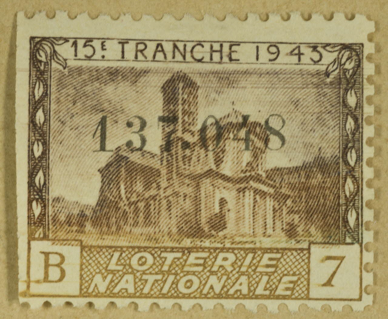 estampe 15E. TRANCHE 1943  LOTERIE  NATIONALE 1970.83.1132 Photo