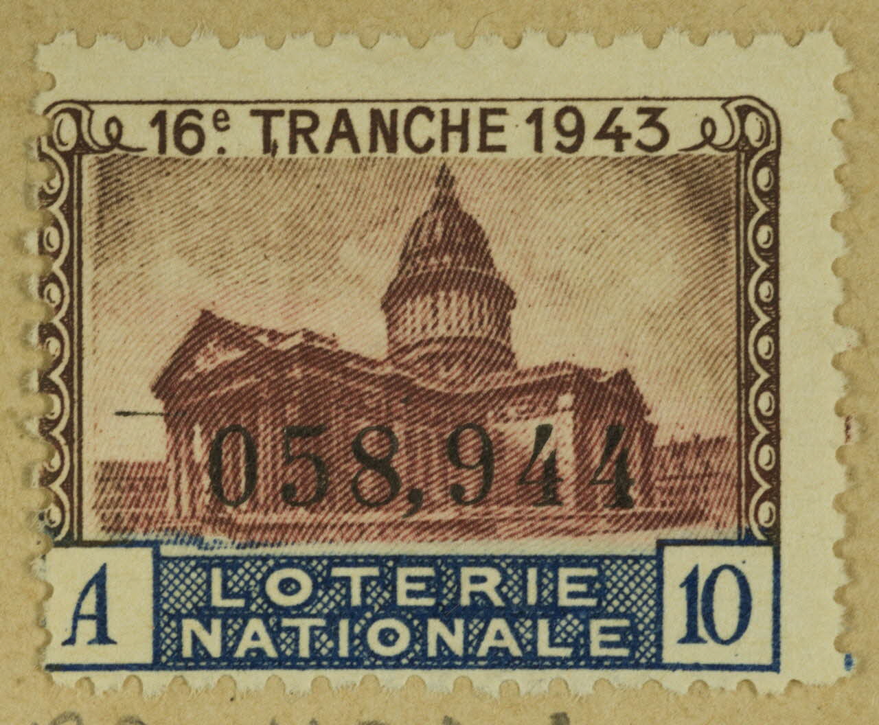 estampe 16e. TRANCHE 1943  LOTERIE  NATIONALE 1970.83.1133 Photo