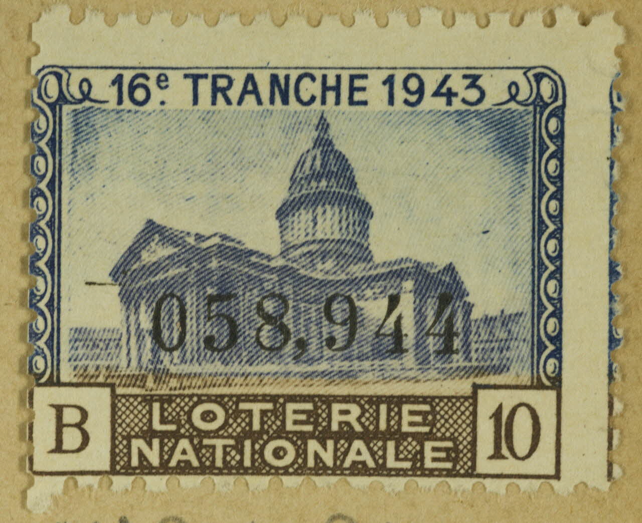 estampe 16e. TRANCHE 1943  LOTERIE  NATIONALE 1970.83.1134 Photo