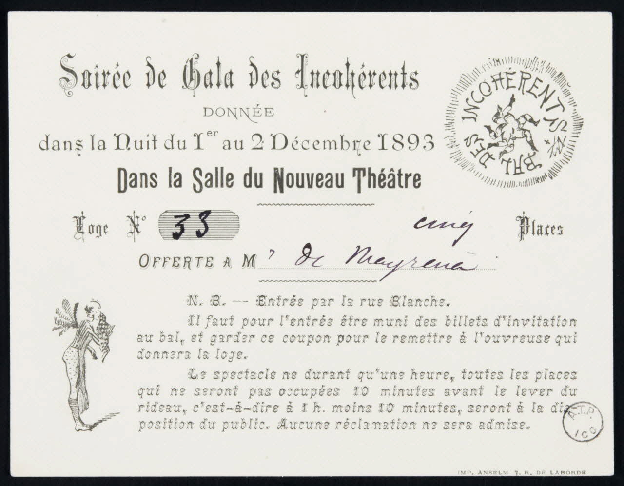 estampe Soirée de Gala des Incohérents  DONNEE  dans la Nuit du 1er au 2 Décembre 1893  Dans la Salle du Nouveau Théâtre 1893 1970.83.118 Photo
