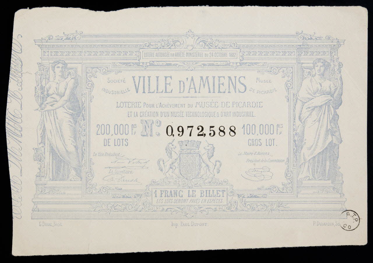 estampe VILLE D'AMIENS  LOTERIE POUR L'ACHEVEMENT DU MUSEE DE PICARDIE 1970.83.1207 Photo