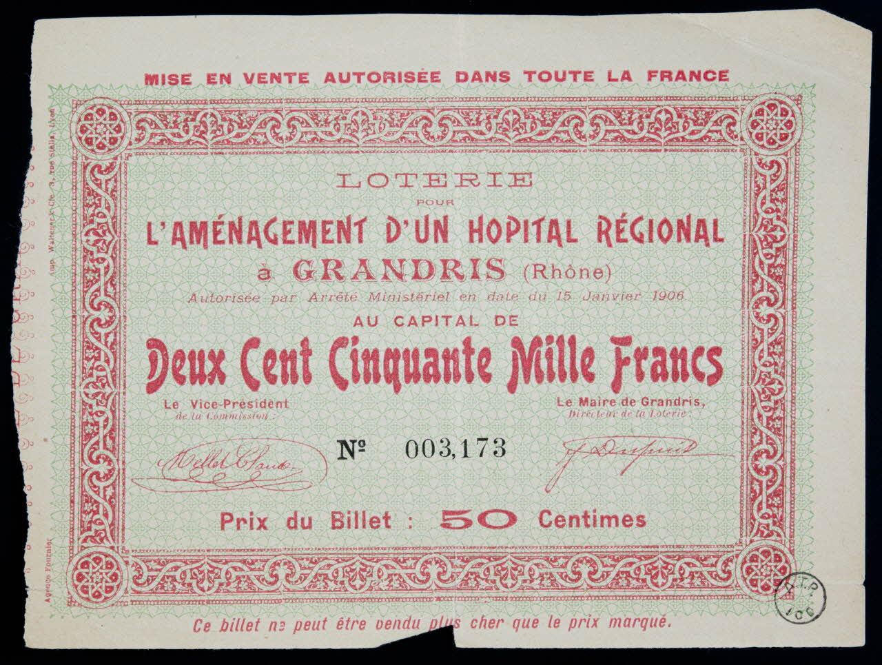 estampe LOTERIE  POUR  L'AMENAGEMENT D'UN HOPITAL REGIONAL 1970.83.1212 Photo
