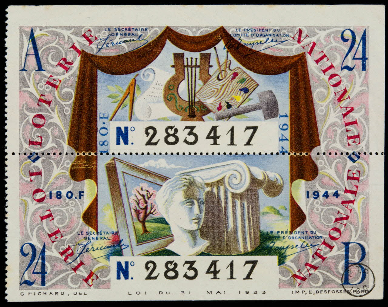 G Pichard ; E Desfossés estampe LOTERIE NATIONALE Île-de-France, France 1944 1970.83.1280 Photo