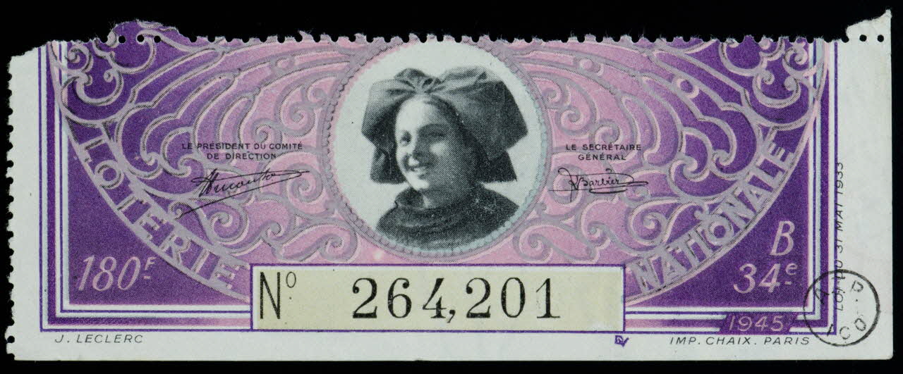 J Leclerc ; CHAIX estampe Billet de loterie Île-de-France, France 1945 1970.83.1287 Photo