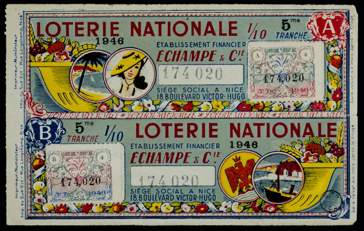 Imprimerie. Du Sudat estampe LOTERIE NATIONALE  1946 Provence-Alpes-Côte d'Azur, France 1946 1970.83.1292 Photo