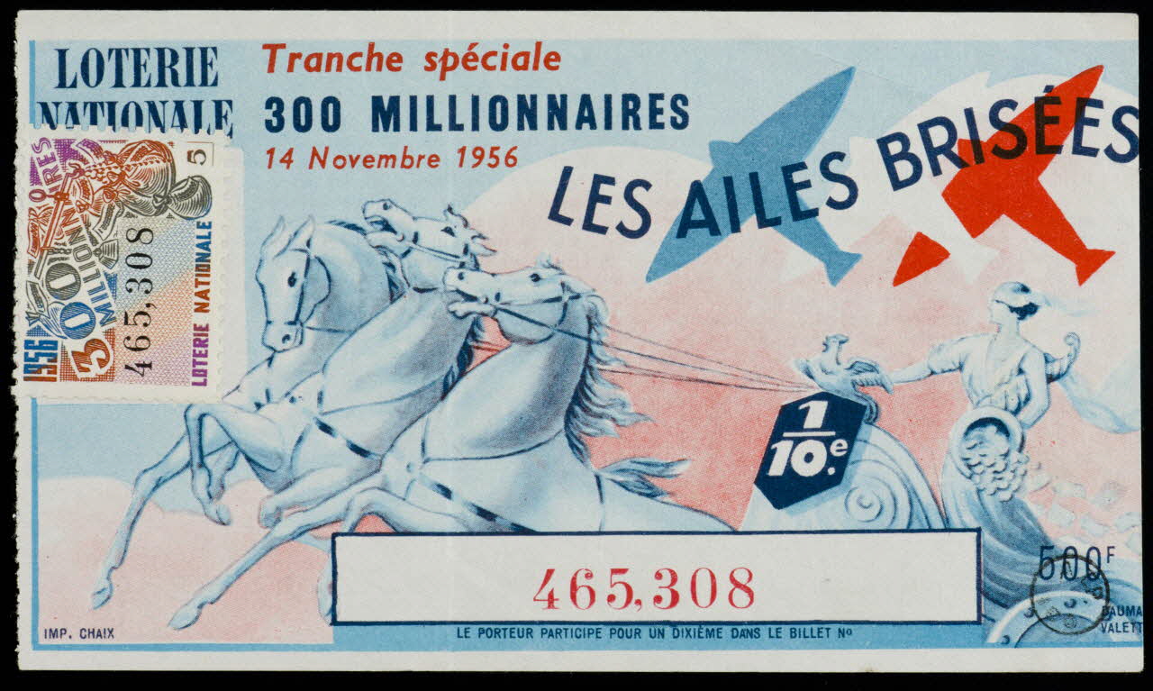 Valett ; Daruna ; CHAIX estampe LOTERIE  NATIONALE  Tranche spéciale  300 MILLIONNAIRES  14 Novembre 1956  LES AILES BRISEES 1956 1970.83.1309 Photo