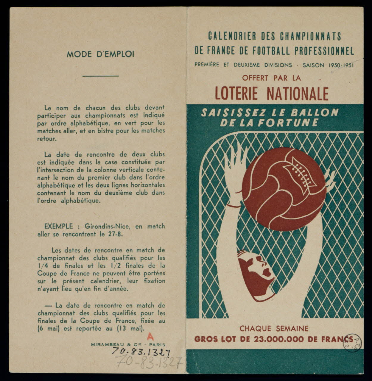 Saison ; Mirambeau Et Cie estampe CALENDRIER DES CHAMPIONNATS  DE FRANCE DE FOOTBALL PROFESSIONNEL 1950-1951 1970.83.1327 Photo